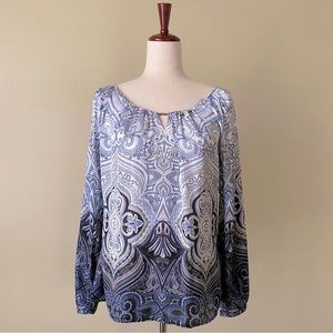 WHBM- Black, White, Blue flor de lis Pattern Top in Size Small.